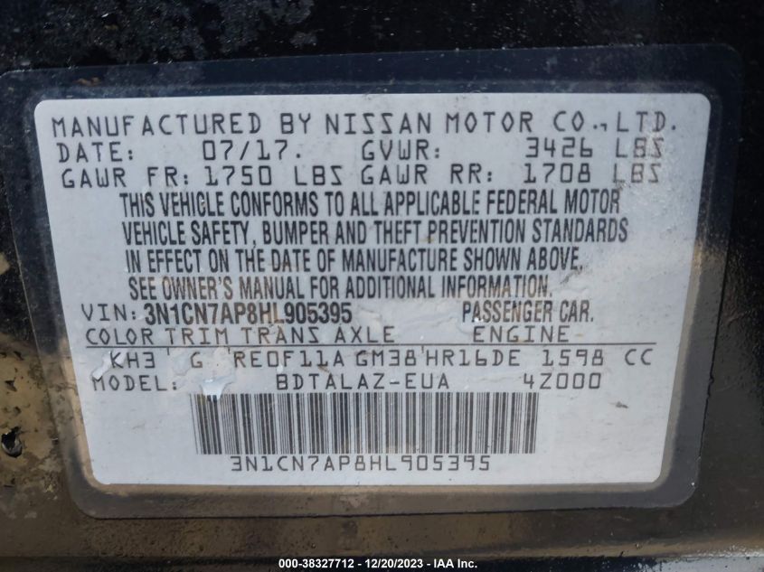 2017 NISSAN VERSA 1.6 S+ - 3N1CN7AP8HL905395