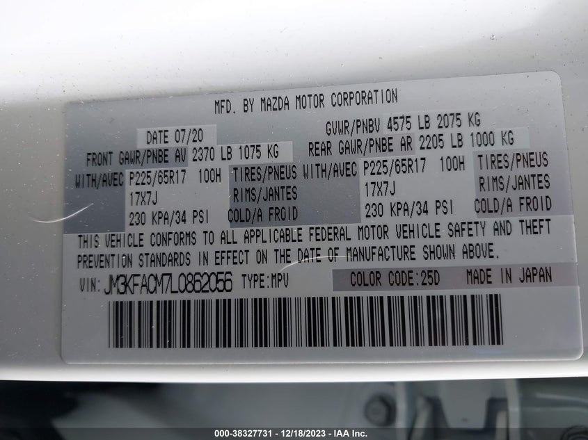 VIN JM3KFACM7L0862056 2020 MAZDA CX-5 TOURING