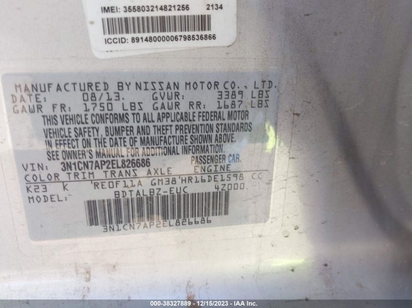 2014 NISSAN VERSA S/S PLUS/SV/SL - 3N1CN7AP2EL826686