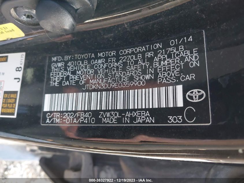 2014 TOYOTA PRIUS - JTDKN3DU9E0359900