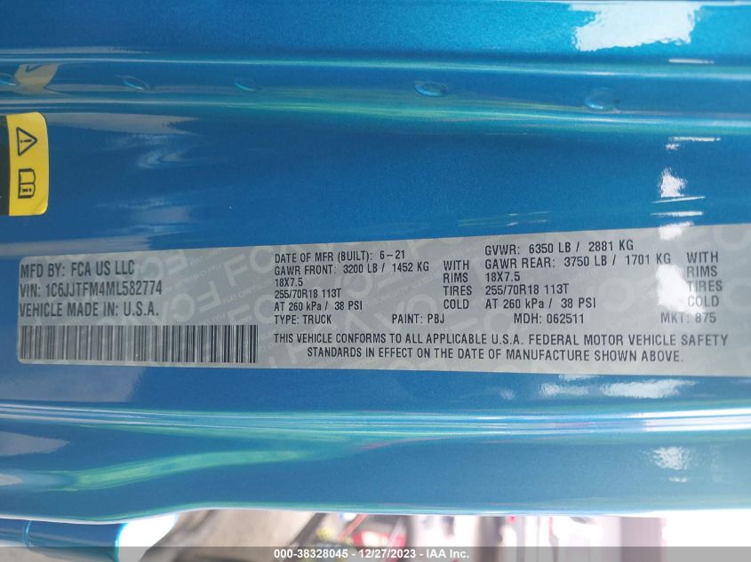 VIN 1C6JJTFM4ML582774 2021 JEEP GLADIATOR OVERLAND 4X4