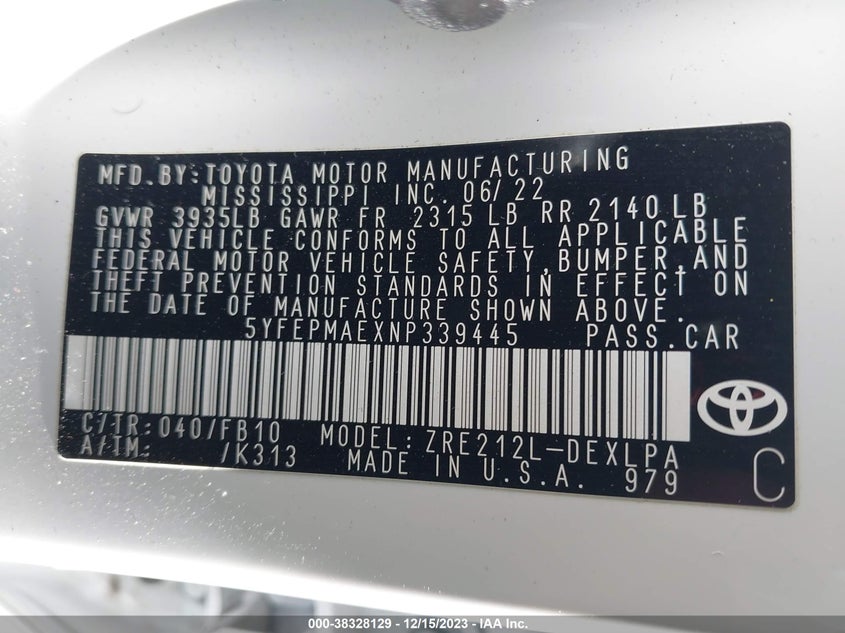 VIN 5YFEPMAEXNP339445 2022 TOYOTA COROLLA LE