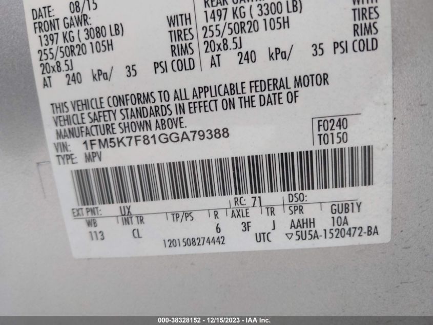 2016 FORD EXPLORER LIMITED - 1FM5K7F81GGA79388