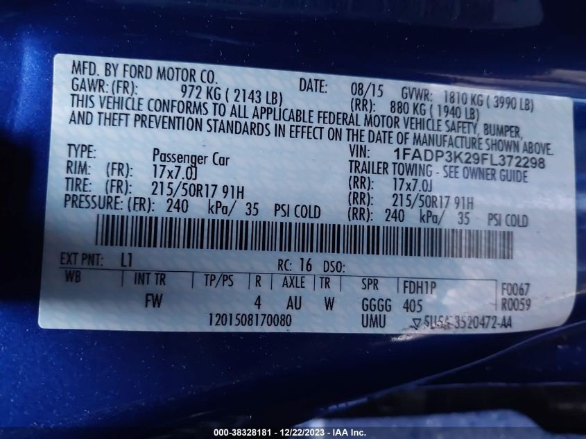 2015 FORD FOCUS SE - 1FADP3K29FL372298