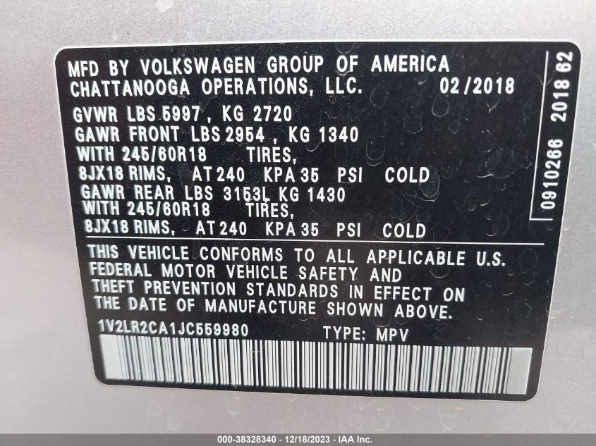 2018 VOLKSWAGEN ATLAS 3.6L V6 SEL - 1V2RR2CA1JC545569