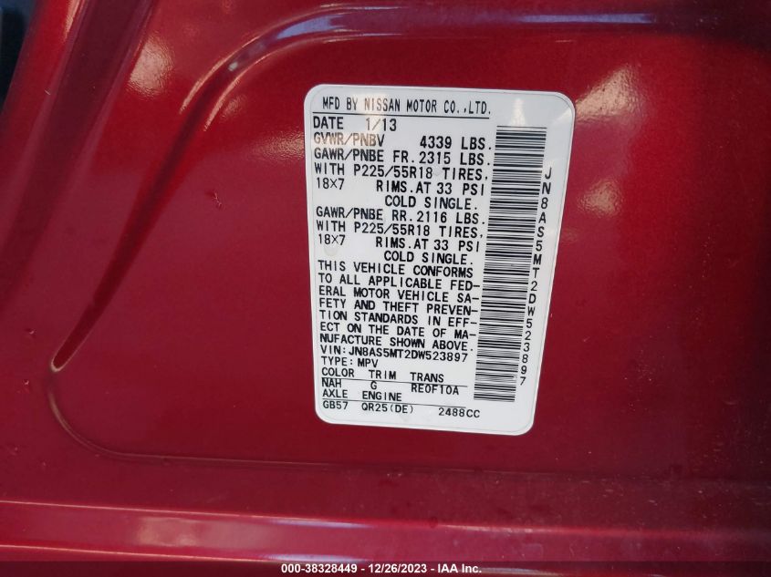 2013 NISSAN ROGUE SV W/SL PKG - JN8AS5MT2DW523897
