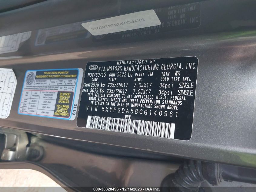 2016 KIA SORENTO 3.3L LX - 5XYPGDA58GG140961