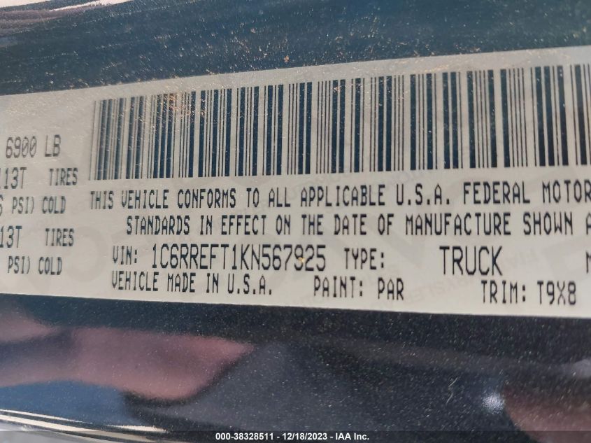 2019 RAM 1500 BIG HORN/LONE STAR - 1C6RREFT1KN567925