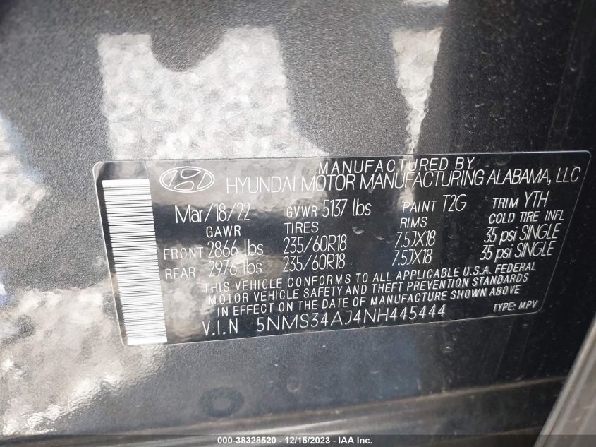 2022 HYUNDAI SANTA FE SEL - 5NMS34AJ4NH445444