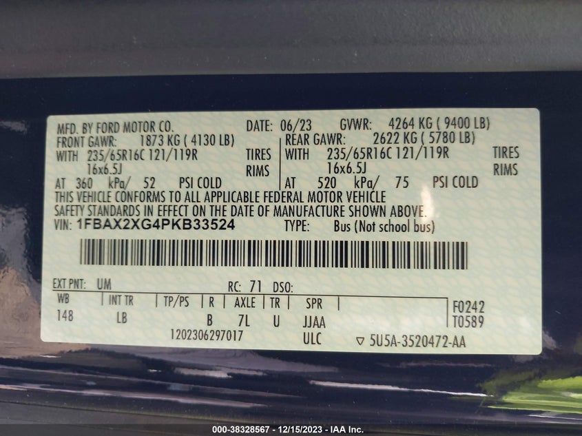 VIN 1FBAX2XG4PKB33524 2023 FORD TRANSIT-350 PASSENGER VAN XLT