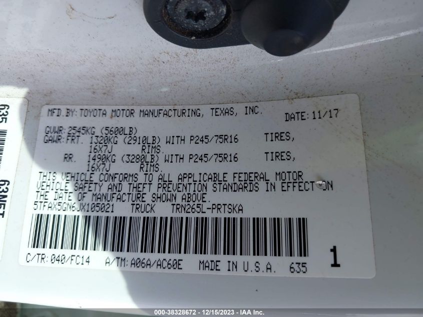 2018 TOYOTA TACOMA SR - 5TFAX5GN6JX105021