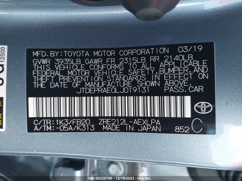 VIN JTDEPRAE0LJ019131 2020 TOYOTA COROLLA LE