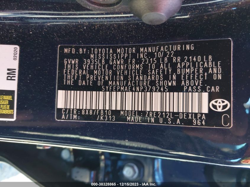 2022 TOYOTA COROLLA LE - 5YFEPMAE4NP379245