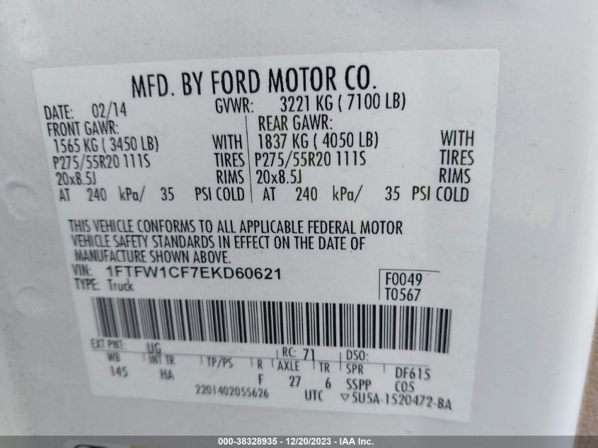 2014 FORD F-150 LARIAT - 1FTFW1CF7EKD60621