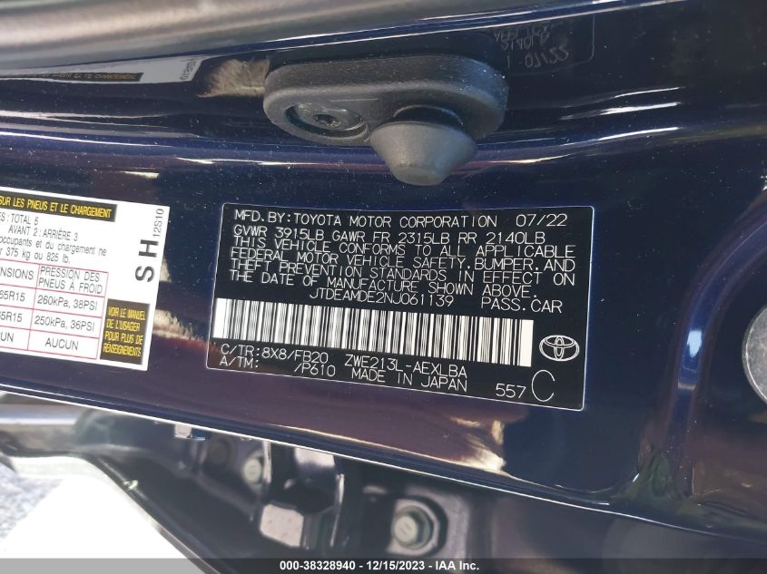 2022 TOYOTA COROLLA HYBRID LE - JTDEAMDE2NJ061139