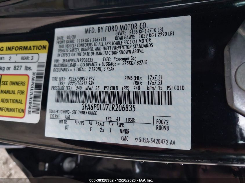 2020 FORD FUSION HYBRID SE - 3FA6P0LU7LR206835