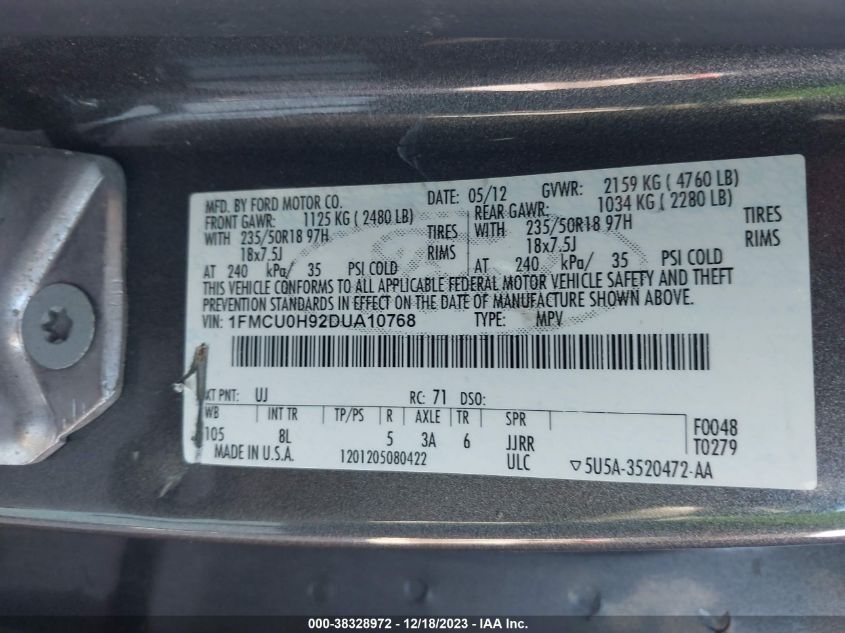 2013 FORD ESCAPE SEL - 1FMCU0H92DUA10768