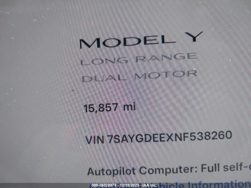 2022 TESLA MODEL Y LONG RANGE DUAL MOTOR ALL-WHEEL DRIVE - 7SAYGDEEXNF538260