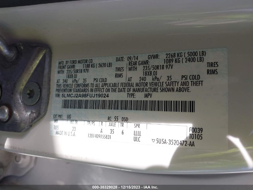 2015 LINCOLN MKC - 5LMCJ2A98FUJ19024