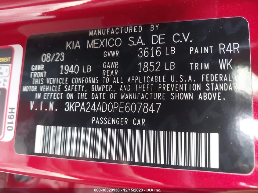 VIN 3KPA24AD0PE607847 2023 KIA RIO S