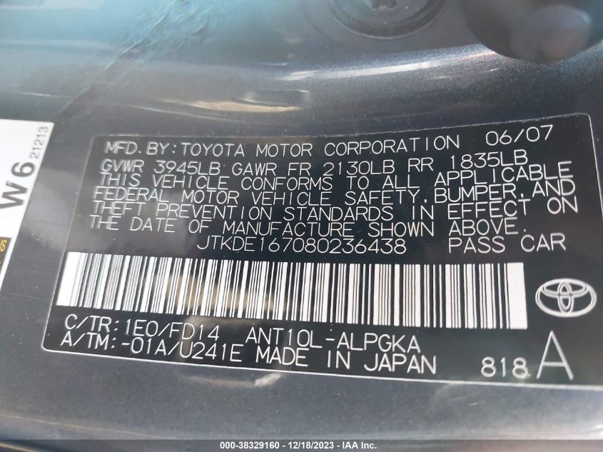 JTKDE167080236438 | 2008 SCION TC