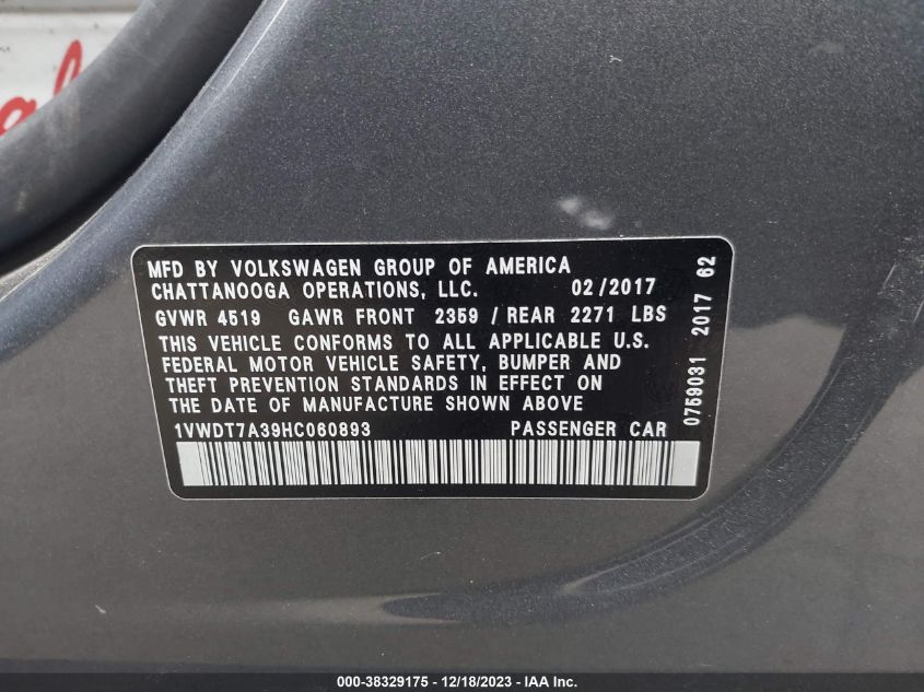 2017 VOLKSWAGEN PASSAT 1.8T R-LINE - 1VWDT7A39HC060893
