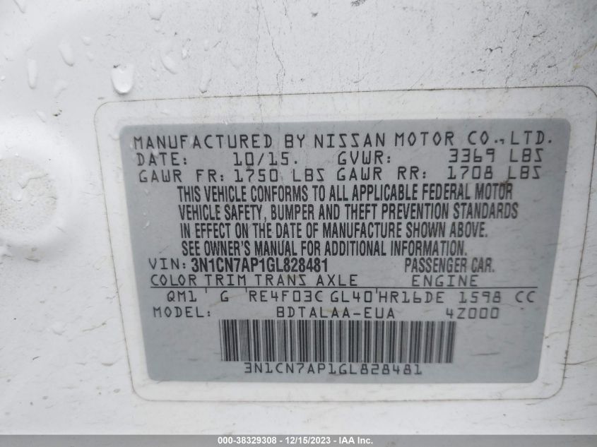 2016 NISSAN VERSA 1.6 S - 3N1CN7AP1GL828481