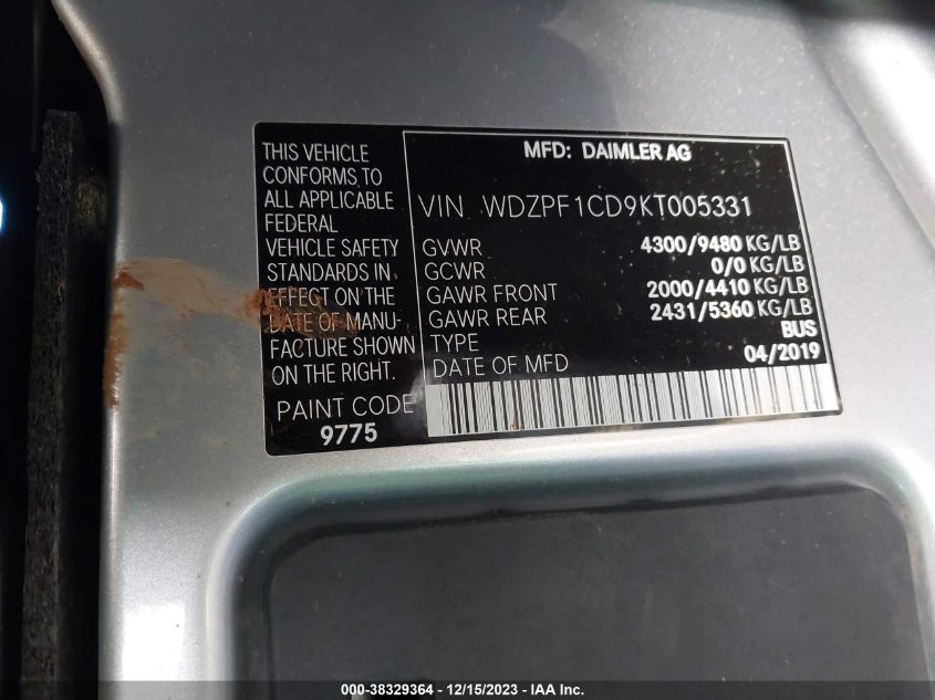 2019 MERCEDES-BENZ SPRINTER 2500/3500 - WDZPF1CD9KT005331