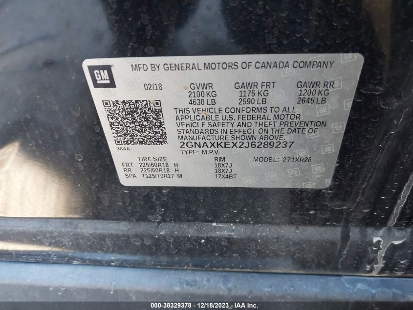 2018 CHEVROLET EQUINOX LT - 2GNAXKEX2J6289237