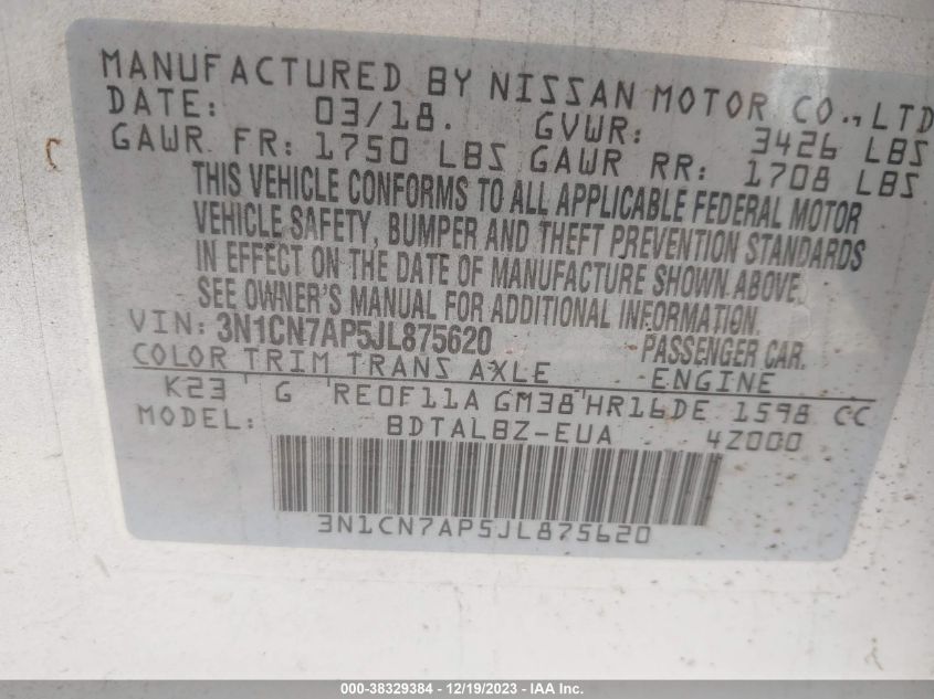 2018 NISSAN VERSA S/S PLUS/SV/SL - 3N1CN7AP5JL875620