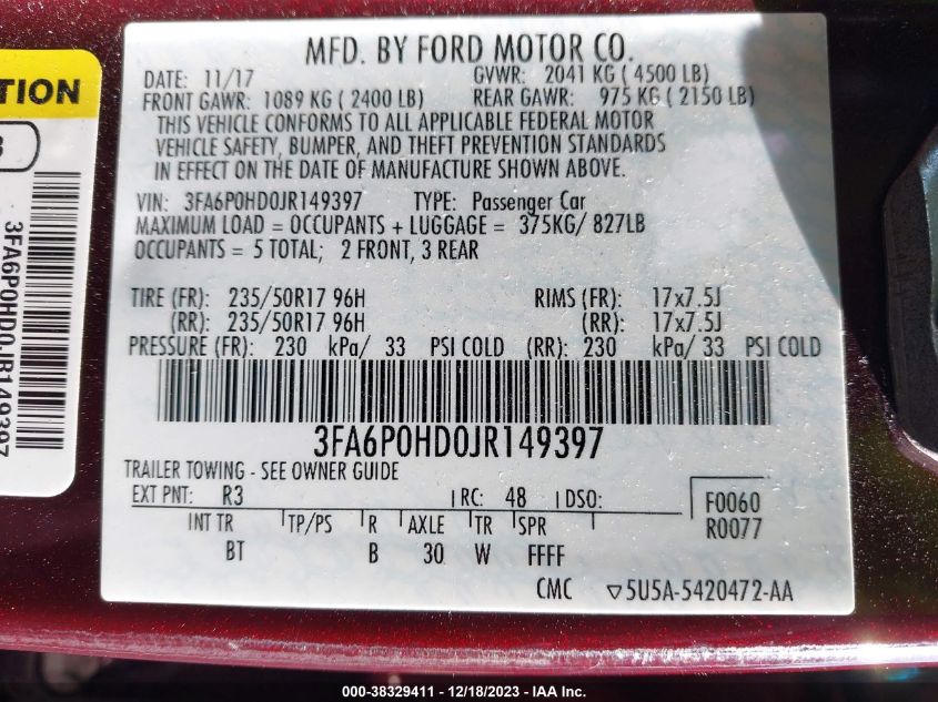 2018 FORD FUSION SE - 3FA6P0HD0JR149397