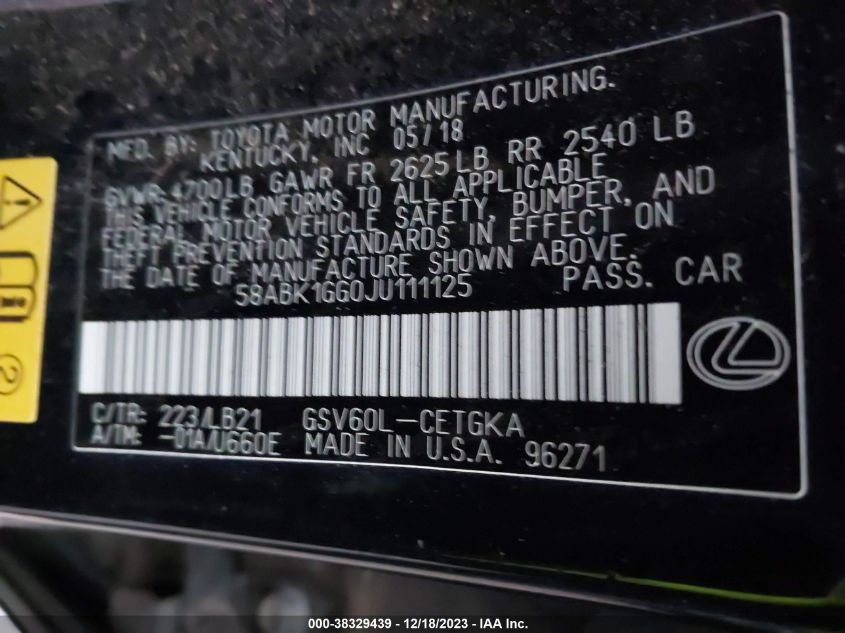 2018 LEXUS ES 350 - 58ABK1GG0JU111125