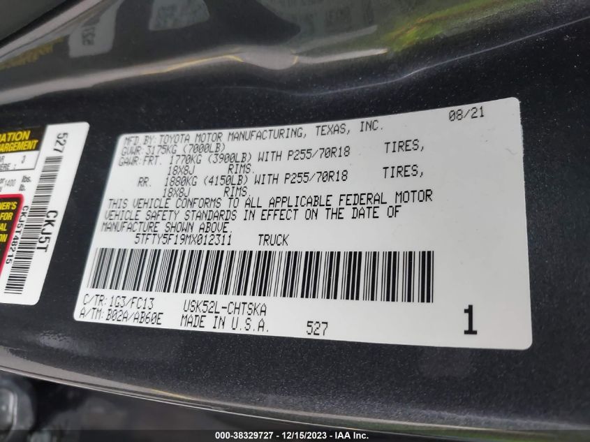 2021 TOYOTA TUNDRA SR5 - 5TFTY5F19MX012311