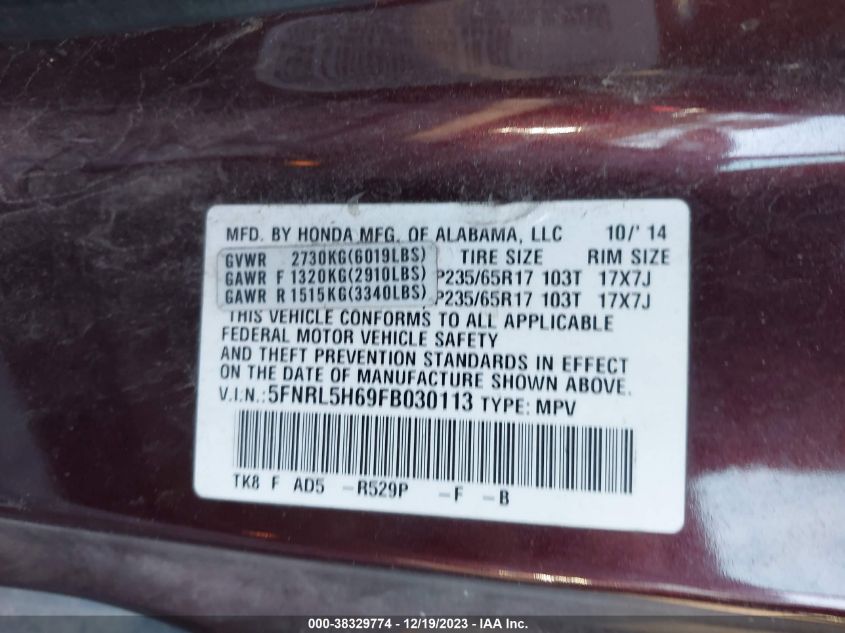 2015 HONDA ODYSSEY EXL - 5FNRL5H69FB030113