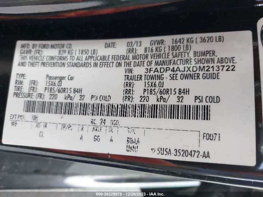 2013 FORD FIESTA S - 3FADP4AJXDM213722