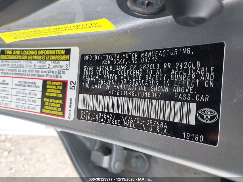2018 TOYOTA CAMRY L/LE/XLE/SE/XSE - 4T1B11HK8JU016387