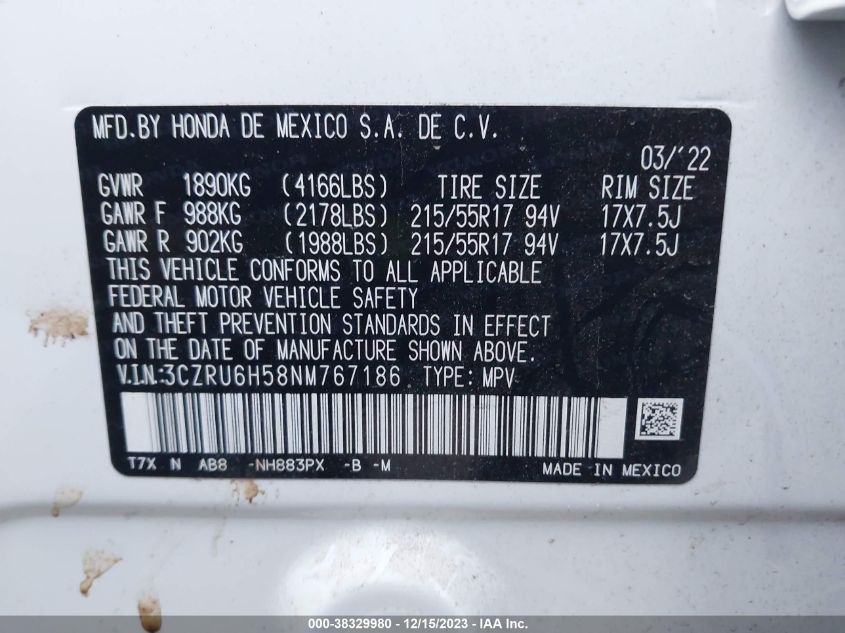 2022 HONDA HR-V AWD EX - 3CZRU6H58NM767186