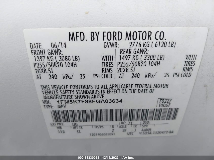 2015 FORD EXPLORER LIMITED - 1FM5K7F88FGA03634