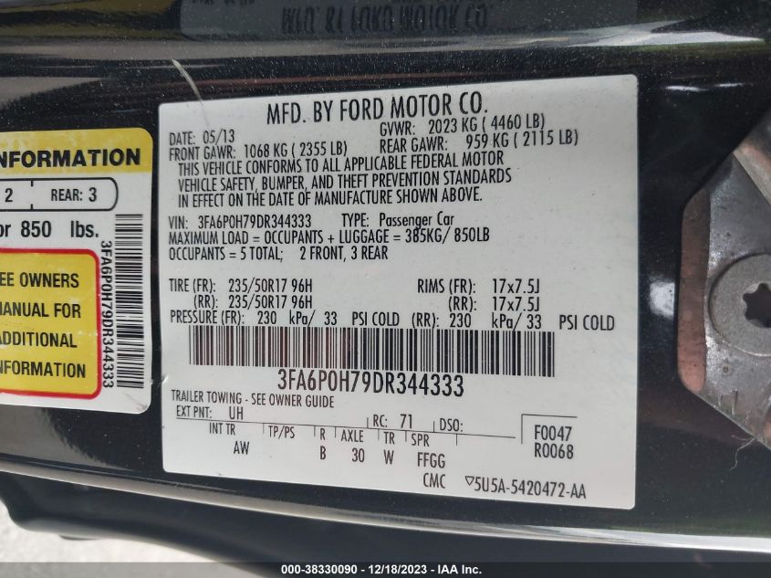 2013 FORD FUSION SE - 3FA6P0H79DR344333