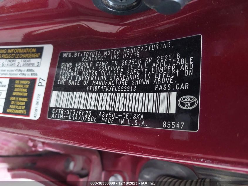 2015 TOYOTA CAMRY SE - 4T1BF1FKXFU992943