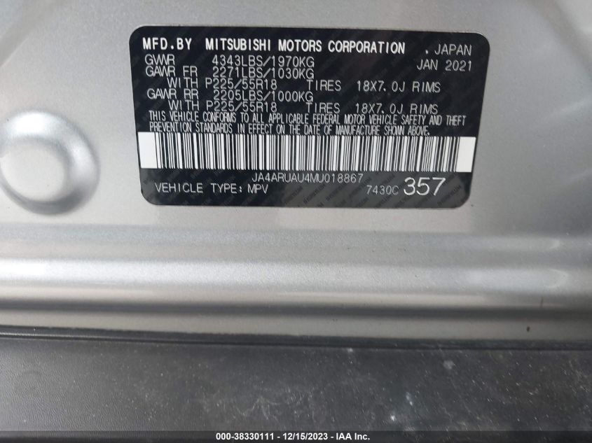 2021 MITSUBISHI OUTLANDER SPORT 2.0 BE AWC/2.0 ES AWC/2.0 LE AWC/2.0 SE AWC - JA4ARUAU4MU018867