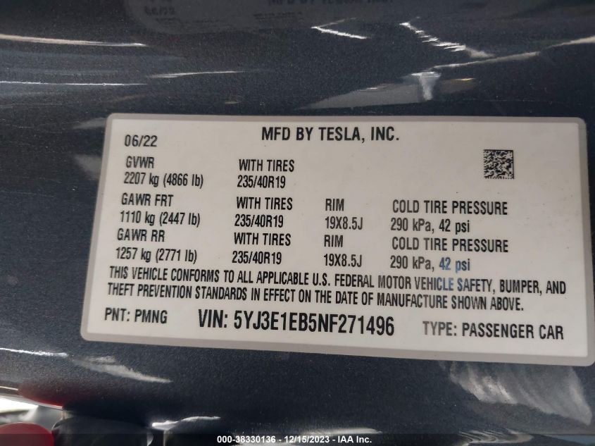 2022 TESLA MODEL 3 LONG RANGE DUAL MOTOR ALL-WHEEL DRIVE - 5YJ3E1EB5NF271496