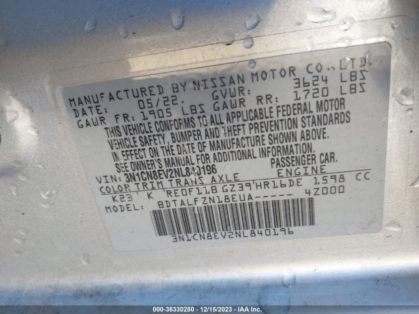 2022 NISSAN VERSA 1.6 SV XTRONIC CVT - 3N1CN8EV2NL840196