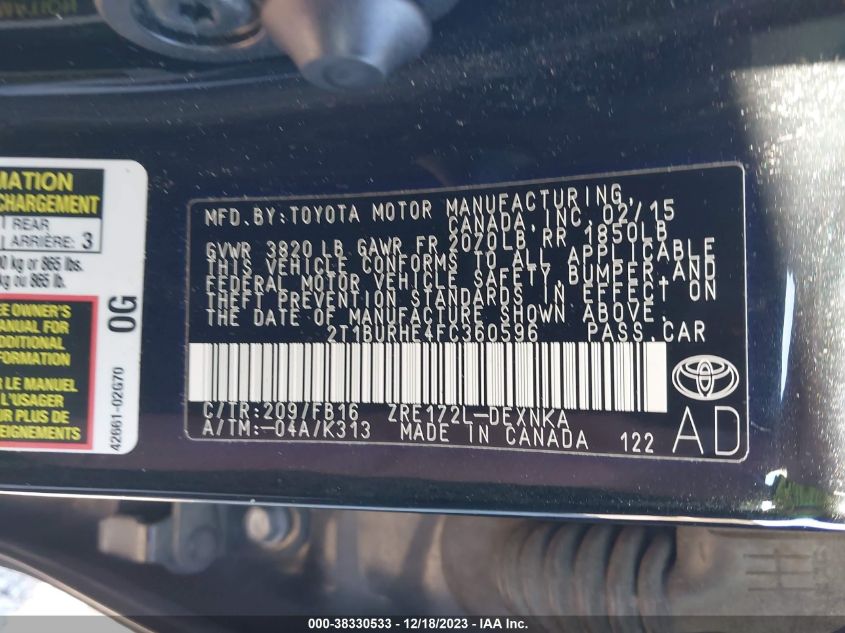 2015 TOYOTA COROLLA LE - 2T1BURHE4FC360596