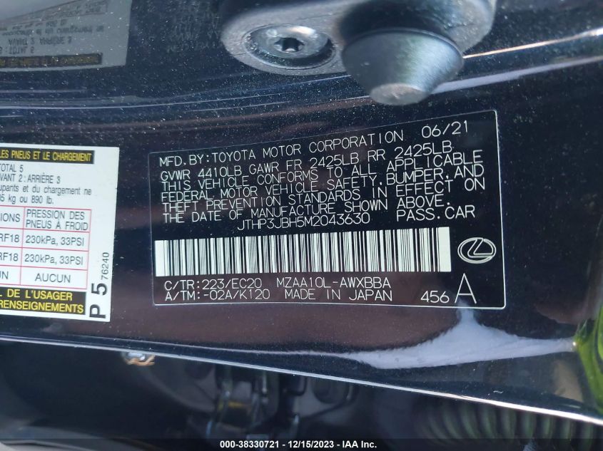 2021 LEXUS UX 200 JTHP3JBH5M2043630