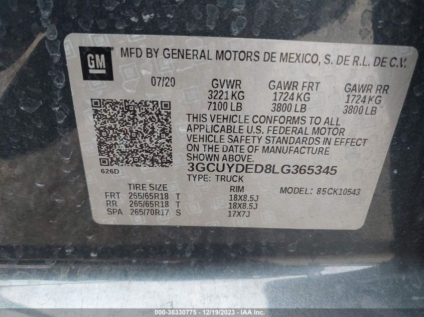 2020 CHEVROLET SILVERADO 1500 4WD  SHORT BED LT - 3GCUYDED8LG365345