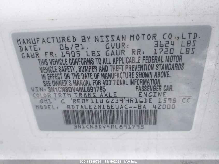 2021 NISSAN VERSA S - 3N1CN8DV4ML891795