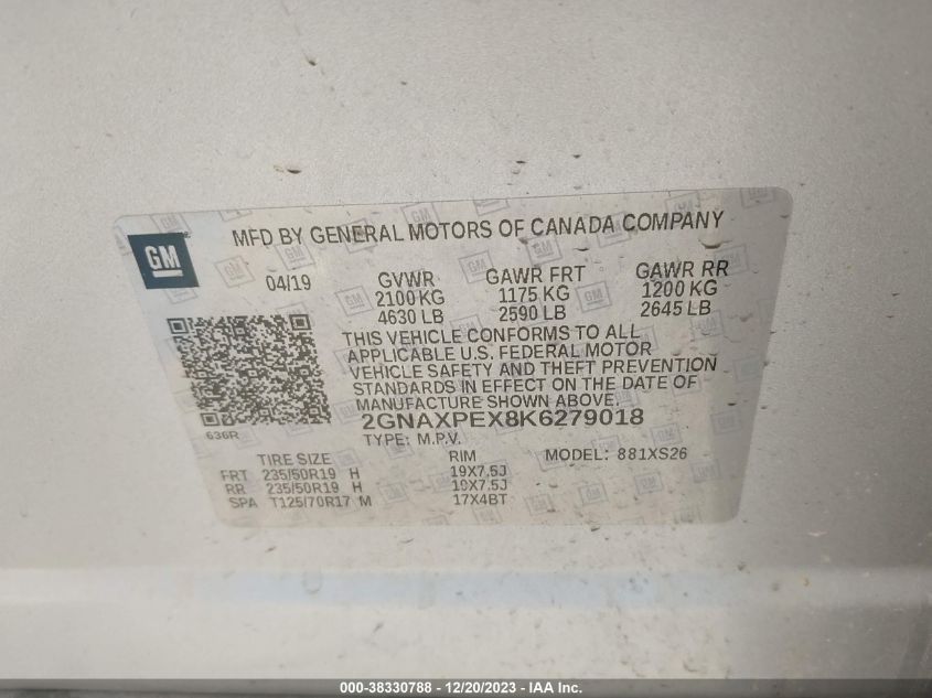 VIN 2GNAXPEX8K6279018 2019 CHEVROLET EQUINOX PREMIER