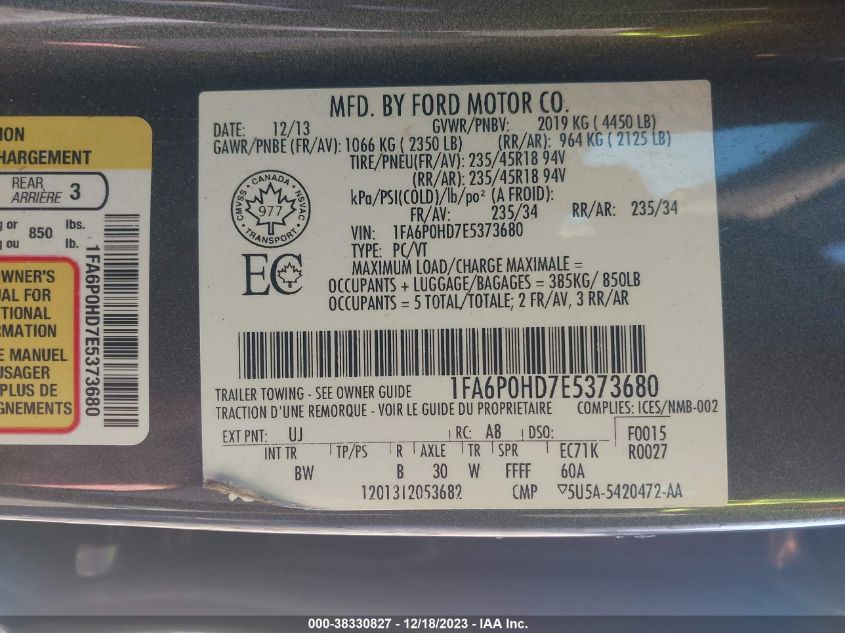 2014 FORD FUSION SE - 1FA6P0HD7E5373680