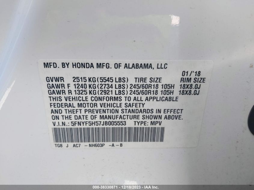 2018 HONDA PILOT EXL - 5FNYF5H57JB005553